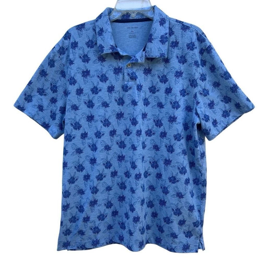 Van Heusen Polo Shirt Men's XL Blue Floral Classic Fit Cotton Blend Short Sleeve